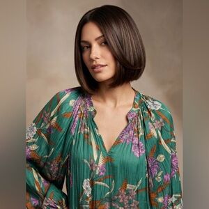 Current Air Los Angeles Women V Neck Pleated Floral Exotic Bohemian Blouse Sz L